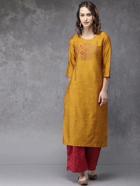 

Anouk Women Mustard & Maroon Self Design Kurta with Palazzos