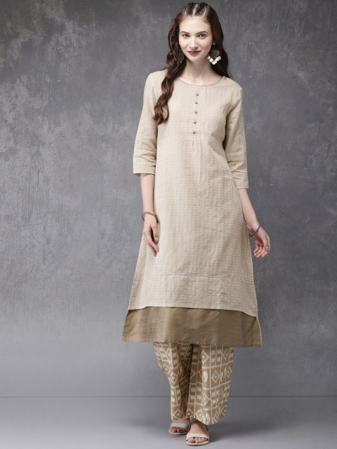 

Anouk Women Beige & Gold-Coloured Self Design Layered Kurta with Palazzos