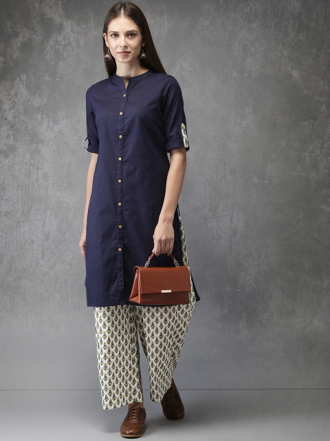 

Anouk Women Navy Blue & Off-White Solid Kurta with Trousers