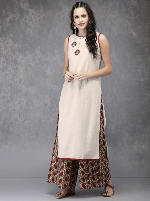 

Anouk Women Off-White & Maroon Solid Kurta with Palazzos