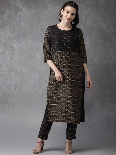 

Anouk Women Black & Gold-Toned Printed Kurta with Trousers