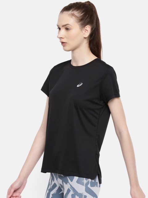 

ASICS Women Black SILVER Solid Round Neck T-shirt