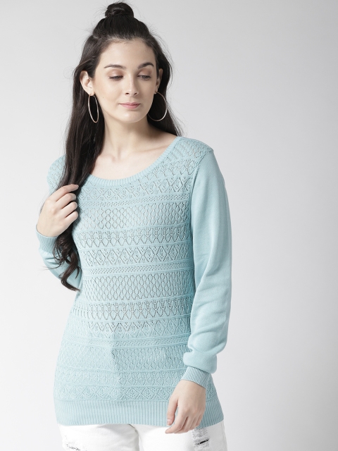 

Species Women Blue Open Knit Self Design Pullover