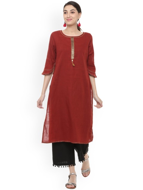 

People Women Red Solid Straight Kurta