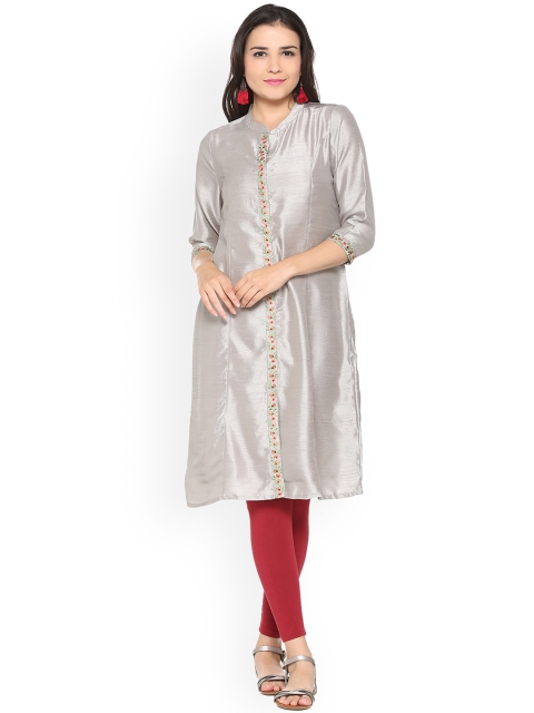 

People Women Grey Solid Straight Kurta