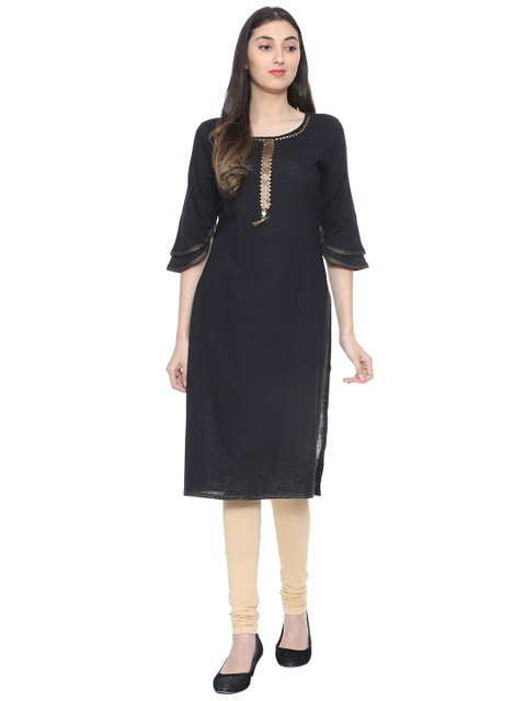 

People Women Black Yoke Design Straight Kurta