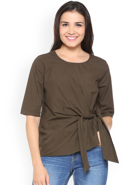 

People Women Taupe Solid Pure Cotton Top