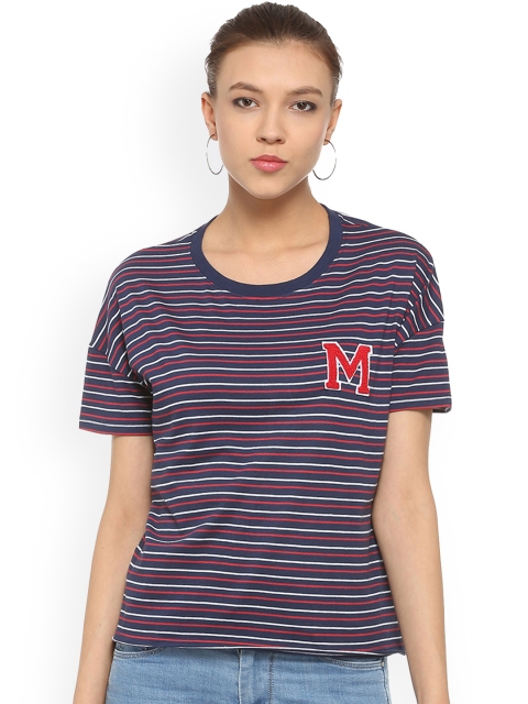 

People Women Blue & Red Striped Round Neck T-shirt