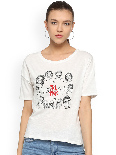 

People Women White Printed Round Neck T-shirt