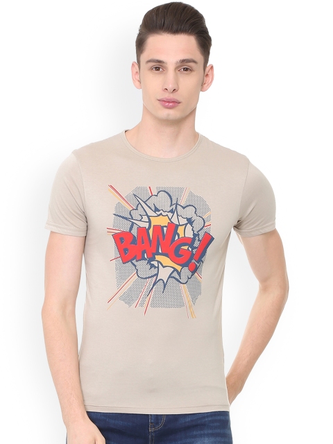 

People Men Beige Printed Round Neck T-shirt