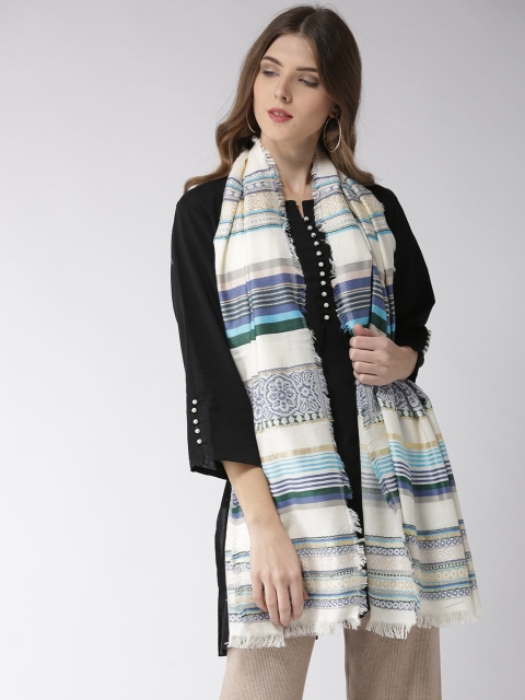 

Style Quotient Women Off-White & Blue Woven Design Shawl
