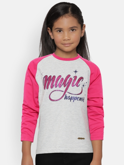 

612 league Girls Grey Melange & Pink Printed Sweatshirt