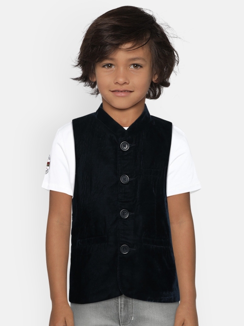 

612 league Boys Navy Blue Solid Nehru Jacket with Velvet Finish