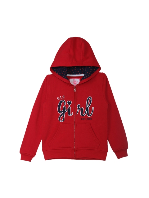 

612 league Girls Coral Red Printed Hooded Sweatshirt