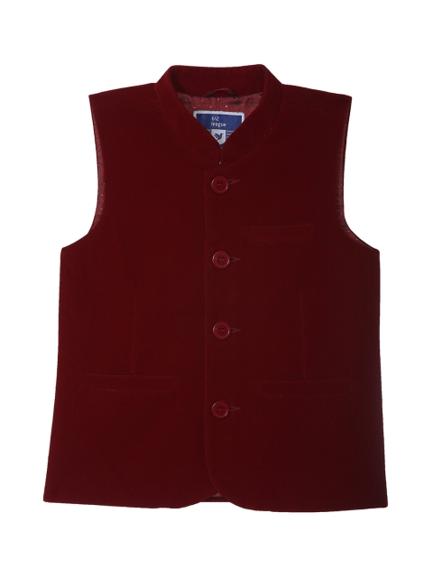 

612 league Boys Burgundy Solid Nehru Jacket with Velvet Finish