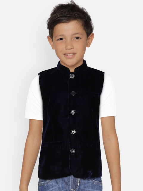 

612 league Boys Navy Solid Velvet Nehru Jacket, Navy blue