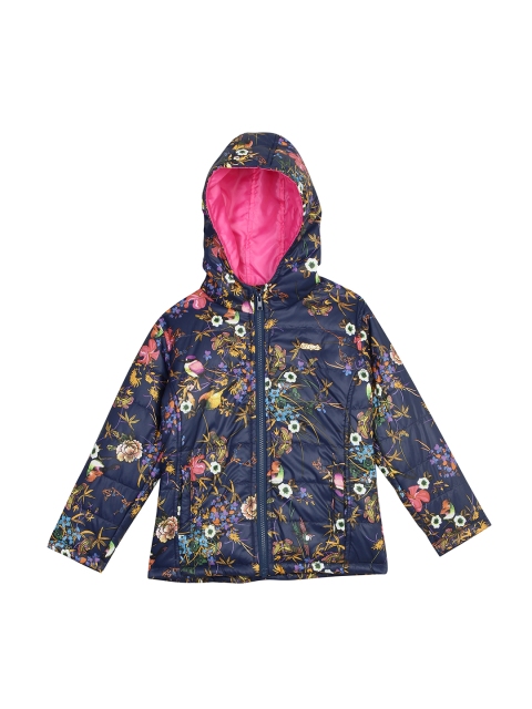 

612 league Girls Navy Blue Printed Open Front Jacket