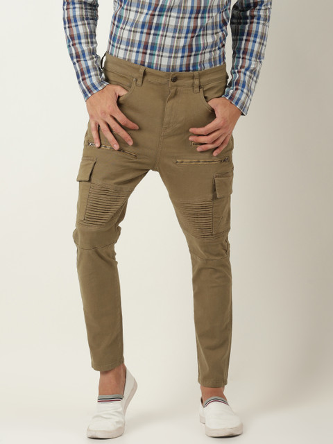 

Blue Saint Men Olive Green Carrot Skinny Fit Solid Cargos