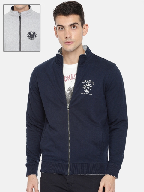 

Pepe Jeans Men Navy Blue & Grey Printed Reversible Sweatshirt