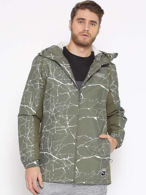 

Puma Men Olive Green Printed Record Padded Hooded Jacket