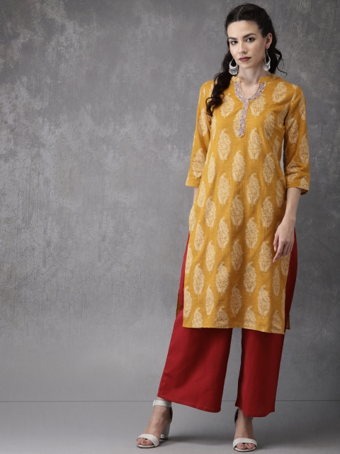 

Anouk Women Mustard Yellow Printed Straight Kurta