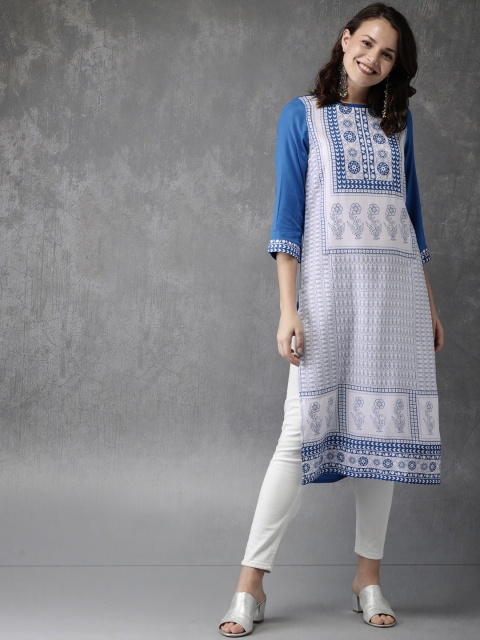 

Anouk Women White & Blue Printed Straight Kurta
