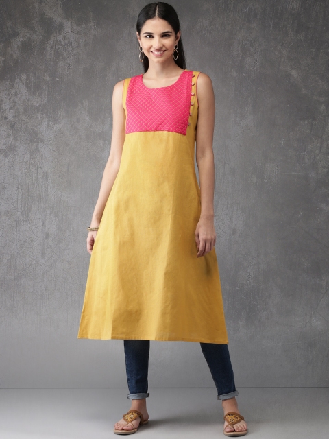 

Anouk Women Mustard Yellow & Pink Solid Straight Kurta