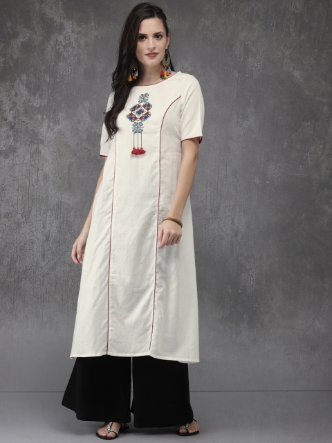 

Anouk Women Off-White Yoke Design A-Line Kurta