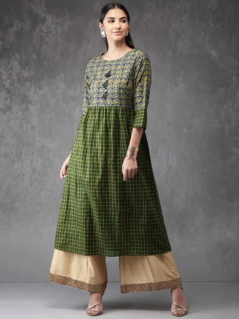 

Anouk Women Green & Navy Blue Checked Straight Kurta