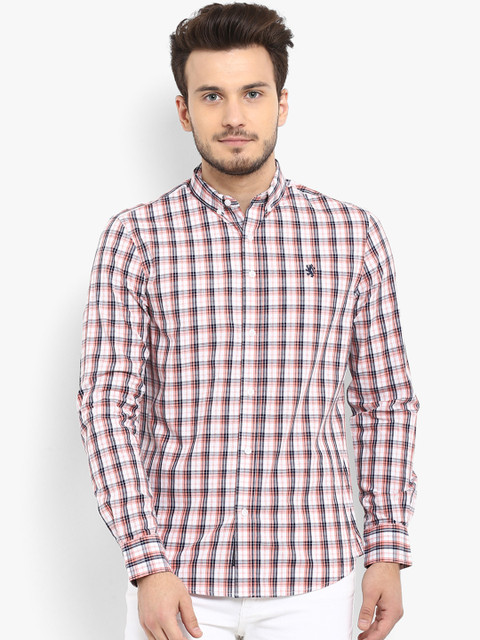 

Red Tape Men Peach-Coloured & White Regular Fit Checked Casual Shirt