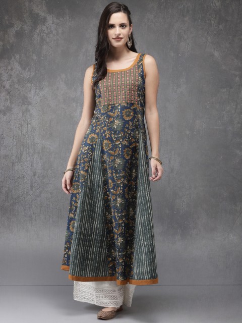 

Anouk Women Navy Blue & Green Floral Print A-Line Kurta