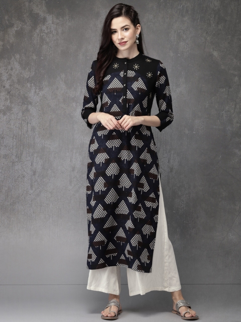 

Anouk Women Navy Blue & Black Printed Straight Kurta