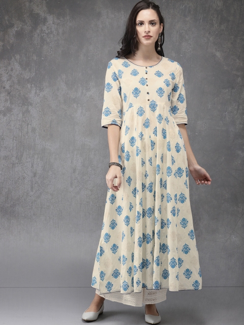 

Anouk Women Beige & Blue Printed A-Line Kurta
