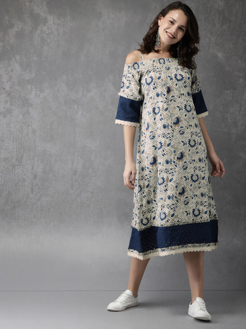 

Anouk Women Beige & Blue Indigo Printed A-Line Dress