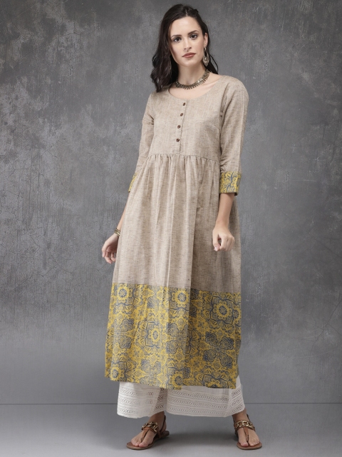 

Anouk Women Beige & Yellow Printed A-Line Kurta