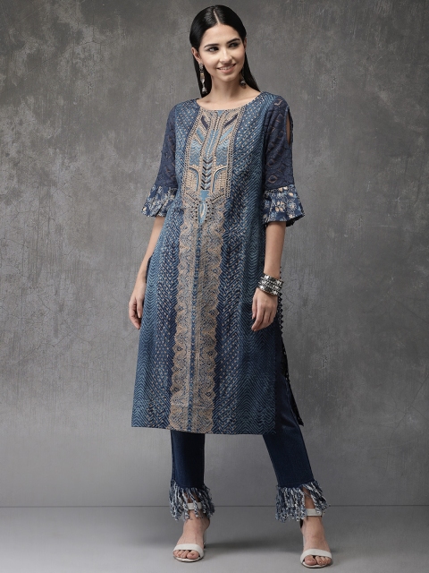

Anouk Women Indigo Straight Fusion Kurta, Navy blue