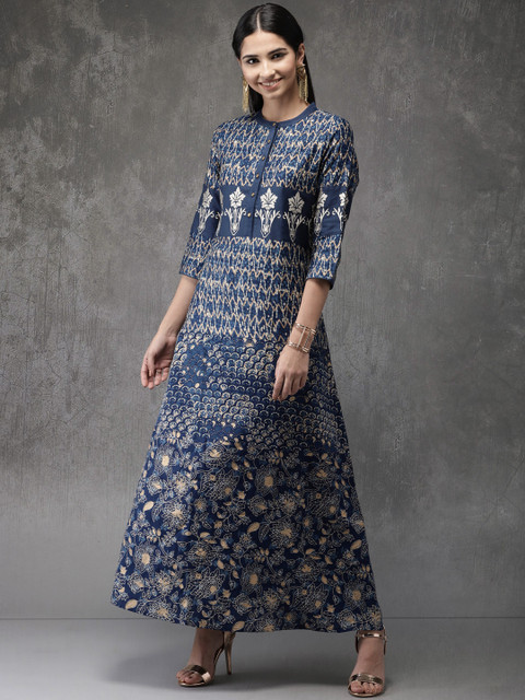 

Anouk Women Indigo Floral Printed A-Line Fusion Kurta, Navy blue
