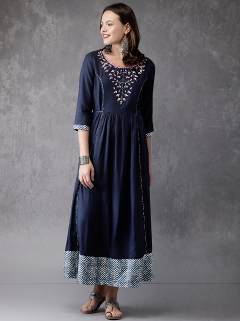 

Anouk Women Navy Embroidered A-Line Kurta, Navy blue