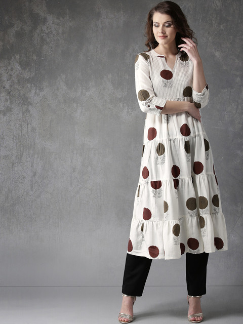 

Anouk Women Off-White & Olive Green Printed Tiering A-Line Kurta