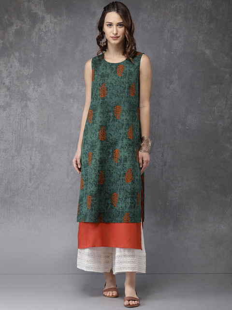 

Anouk Women Green & Rust Orange Printed Layered A-Line Kurta