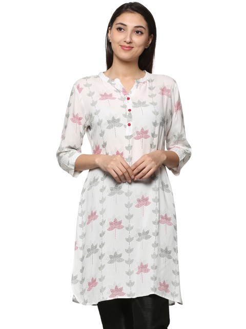 

People Women White & Grey Woven Design Straight Kurta