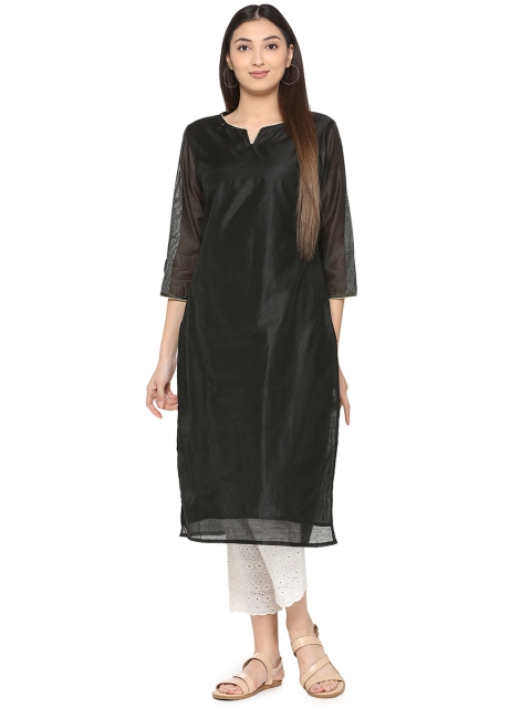 

People Women Black Woven Design Straight Kurta