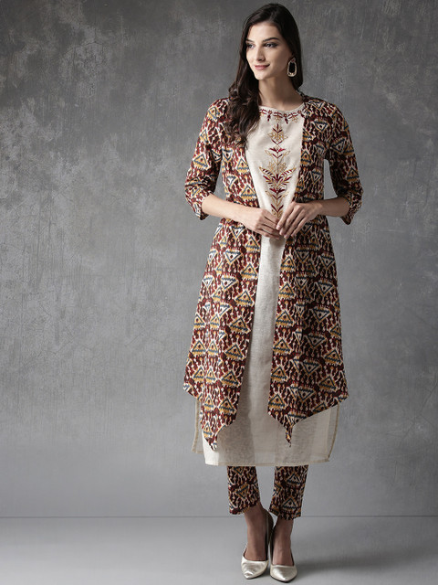 

Anouk Women Cream-Coloured & Coffee Brown Solid Kurta with Trousers & Ethnic j