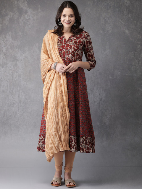 

Anouk Women Maroon & Beige Printed Kurta with Churidar & Dupatta