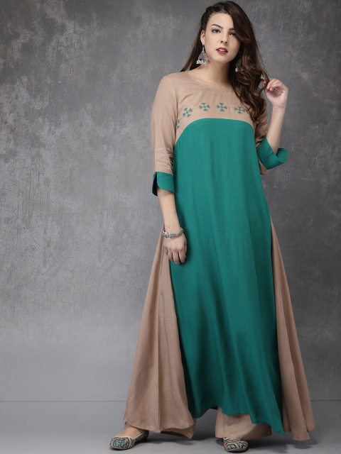 

Anouk Women Beige & Teal Green Colourblocked Kurta with Palazzos
