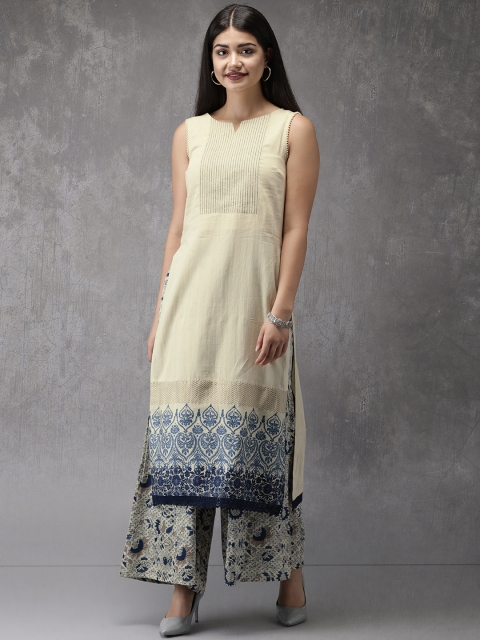 

Anouk Women Cream-Coloured & Blue Printed Kurta with Palazzos