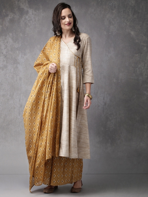 

Anouk Women Beige & Mustard Yellow Solid Kurta With Palazzos & Dupatta