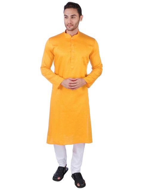 

RAJUBHAI HARGOVINDAS Men Yellow Solid Straight Kurta