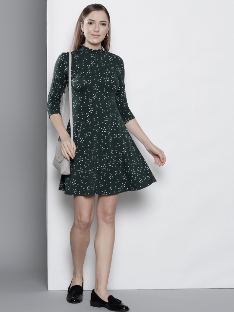 

DOROTHY PERKINS Women Green & White Printed Fit and Flare Dress