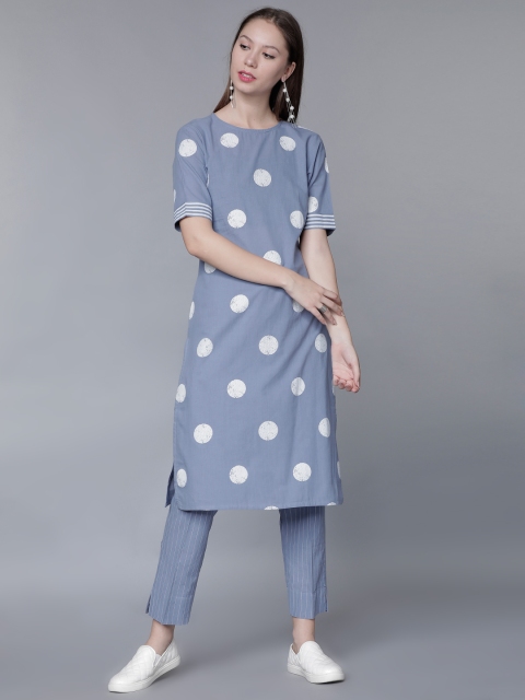 

Vishudh Women Blue & White Solid Kurta with Trousers